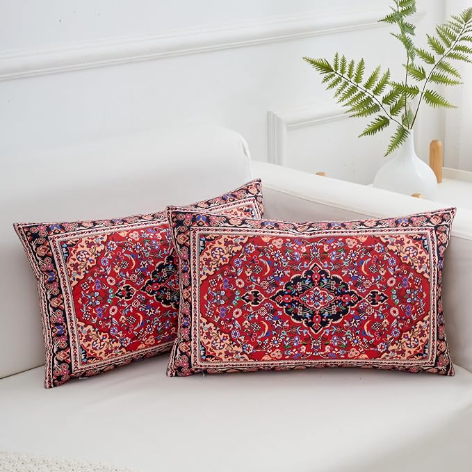 Boho Rectangular Throw Pillow Covers 12x20 Inch, Vintage Red Oriental Floral Decorative Lumbar Cushion Cases, Bohemian Ethnic Design Pillowcases for Sofa Couch Living room Bed Home Decor, Set of 2