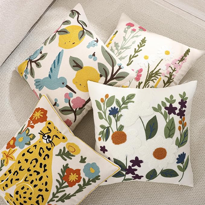Lemon Embroidered Throw Pillow Covers 18x18 Pack of 2 Blue Birds with Green Leaves Pillow Covers Floral Pillowcases Boho Pillow Cushion Cases Flower Pillow Case Summer Decor