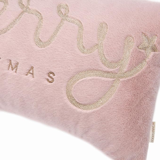Faux Fur Merry Christmas Pillow Covers 18x18,Gold Embroidered Christmas Throw Pillow Covers Christmas Decorations Holiday Pillows for Home Couch,Pink Blush/Gold