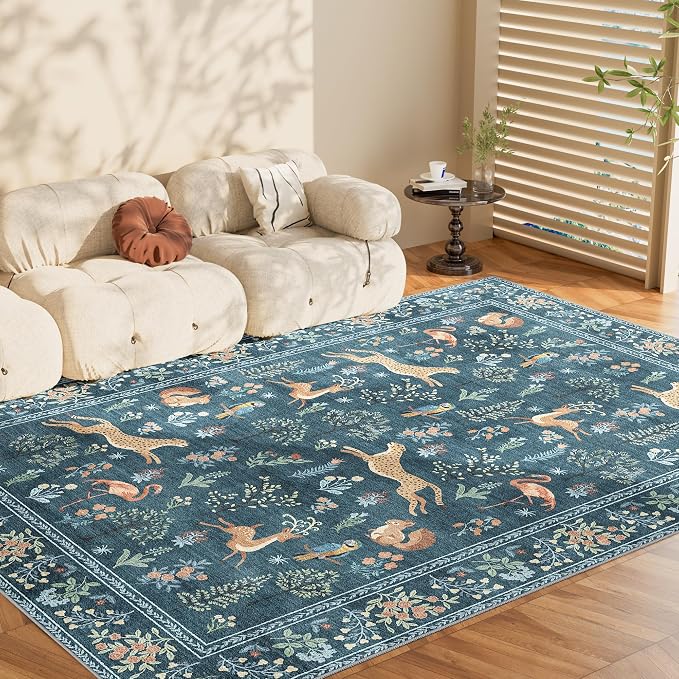 DUKINO 5x7 Area Rugs, Washable Animal Rug for Living Room Non Slip, Blue | Low Pile, Soft Indoor Carpet for Bedroom, Kids Room, Dining Room, Pet Friendly, Farmhouse, Stain Resistant, Non-Shedding