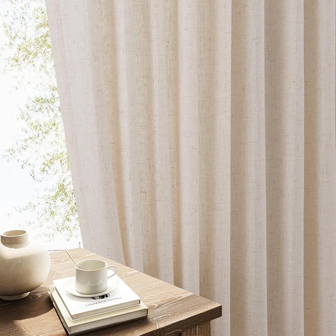 Extra Long Linen Curtains 102 Inches for Living Room Back Tab Semi Sheer Floor to Ceiling Light Filtering Curtain Boho Farmhouse Decor Window Drapes for Bedroom 2 Panels Cream Beige