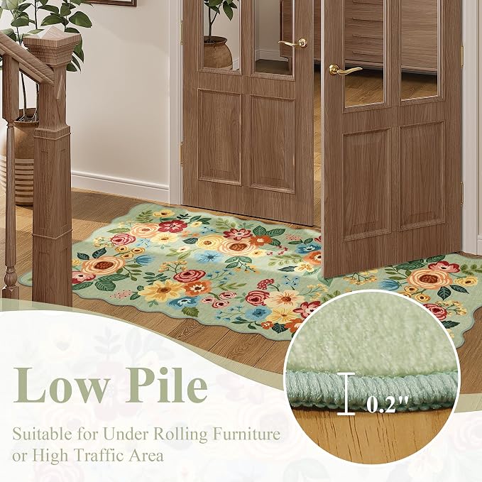 DUKINO 2x7 Runner Rug for Hallway, Floral Washable Rug for Kitchen, Green | Low Pile, Stain Resistant, Soft Throw Carpet Runner for Entryway, Bedroom, Bathroom, Laundry, Pet Friendly, Modern Home Decor
