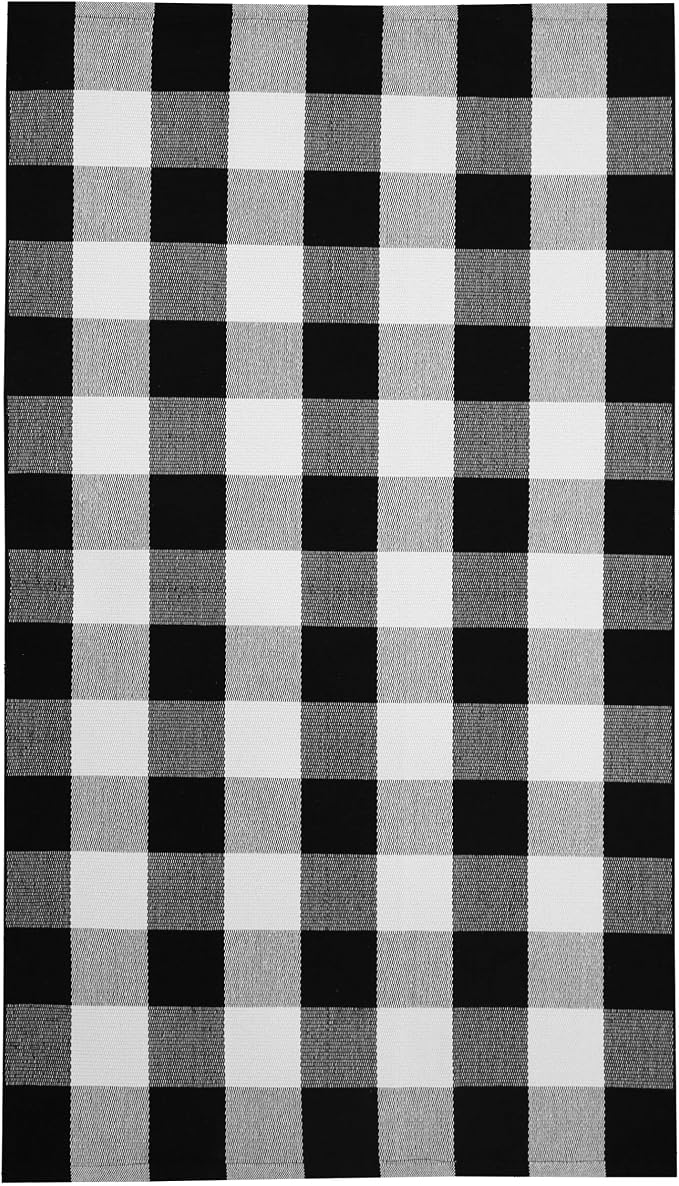 KILOCOCO Buffalo Plaid Checkered Rug 3x5 ft Black White Front Door Rug | Machine Washable Front Porch Rug, Outdoor Indoor Entryway Rug, Cotton Layered Doormat, Low Pile Rugs for Kitchen Patio