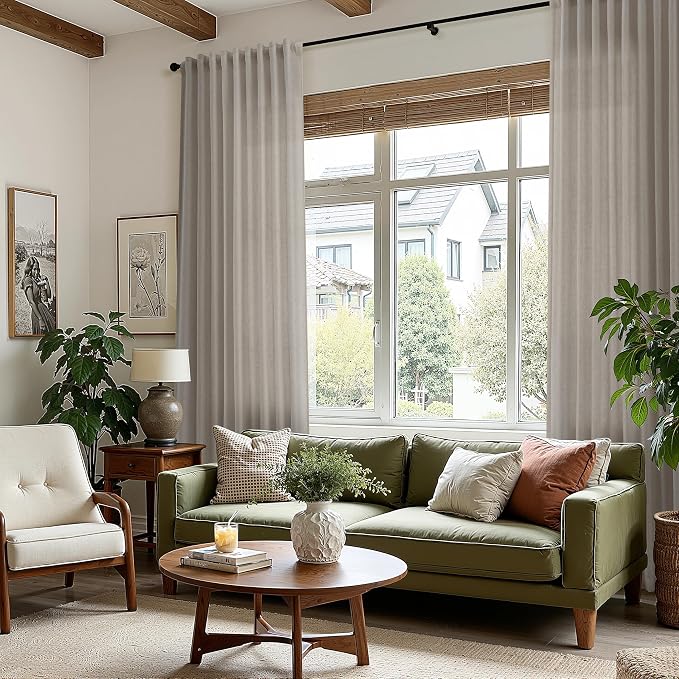 108 Inch Long Curtains for Living Room Grey Beige Linen Simple Modern Light Filtering Semi Sheer Curtain Back Tab Boho Neutral Gray Floor to Ceiling High Window for Bedroom 52x108,2 Panels