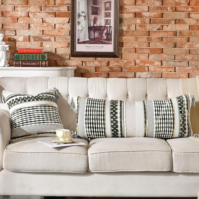 AmHoo Chenille Striped Textured Boho Throw Pillow Covers Aesthetic with Tassels Woven Decorative Pillow Case for Couch Bed Sofa Bedroom Modern Funky 18 x 18-Inch Sage Green