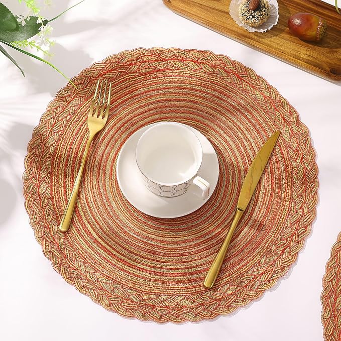 SHACOS Round Placemats Set of 6 Woven Round Table Mats 15 inch Circle Braided Edge Washable Cotton Polyester Kitchen Dining Table Place Mats, Fall Color Mix