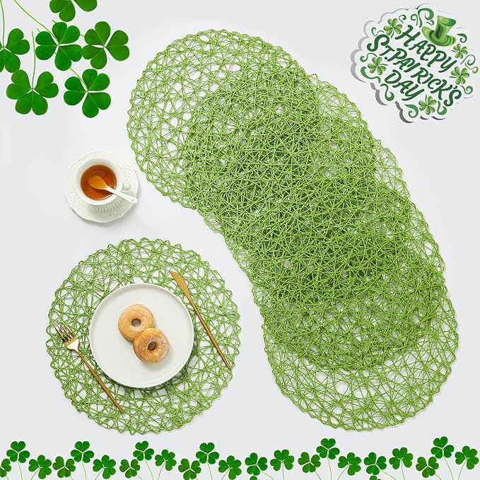 IcosaMro Grass Green Round Placemats Set of 12 for Dining Table, 13 Inches Paper Woven Boho Small Decorative Circle Place Mat for Wedding Christmas Thanksgiving Day Holiday Dinner, Green