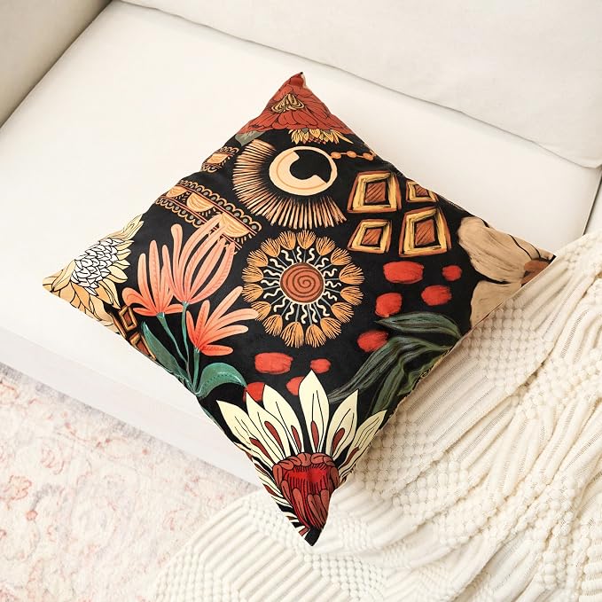 Tyrot Black Boho Floral Velvet Throw Pillow Covers Set of 2 Farmhouse Cushion Covers Mid Century Botanical Home Decor Accent Pillow Cases for Couch Sofa Living Room, Bedroom, 20x20 Inches