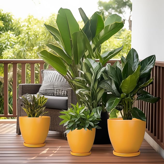 6.8 Inch Plant Pot - Ceramic Planter with Drainage Hole and Saucer, Modern Round Flower Pot, Planters for Indoor Plants, Home Garden Decor, Orange