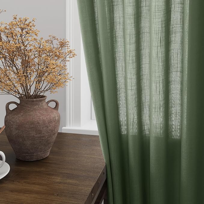Extended Curtain Olive Green Linen Sheer Curtains for Living Room 2 Panels Set 122 Inch Length Back Tab Light Filtering & Breathability Semi Sheer Curtain Drapes for Bedroom Living Room 52x122