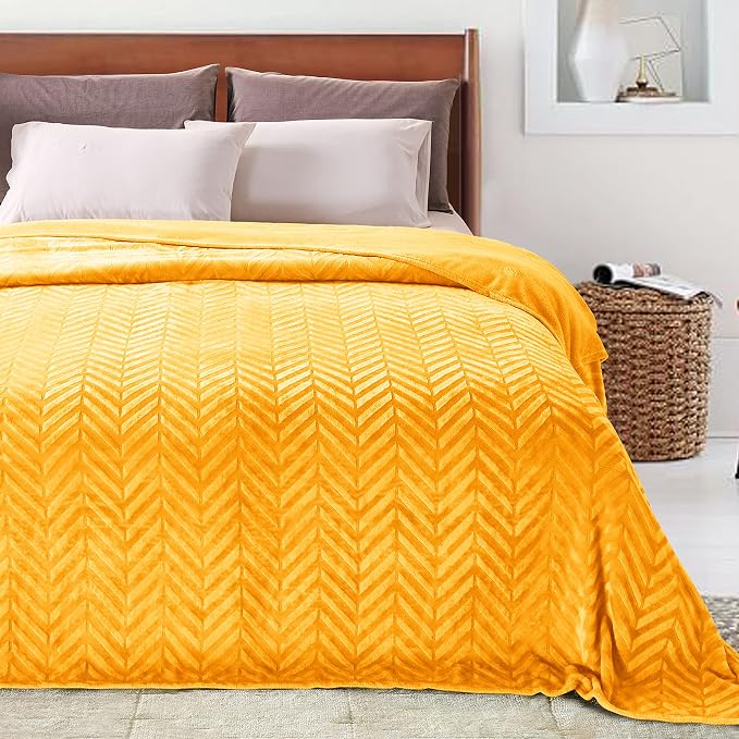 Whale Flotilla Flannel Fleece Bed Blanket Queen Size, Lemon Yellow | Lightweight Breathable Soft Bedspread, Plush Fluffy Coverlet Chevron Design Decorative Blanket for All Season, 90x90 Inch