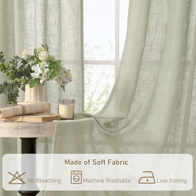 Short Linen Sheer Curtains 48 Inch Length for Kitchen Windows | Light Filtering, Curtains for Small Windows, Bathroom, Basement, Bronze Grommet Drapes, 2 Panels, Sage Grey, 34 x 48 Inch