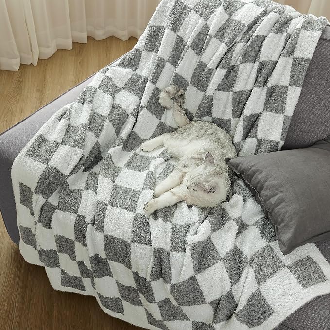 Checkered Throw Blanket for Couch, Soft Cozy Warm Knitted Blankets | Lightweight Fuzzy Travel Warm Decor for Women, Mom, Girls, Sofa, Chair, 60x80in, Light Grey