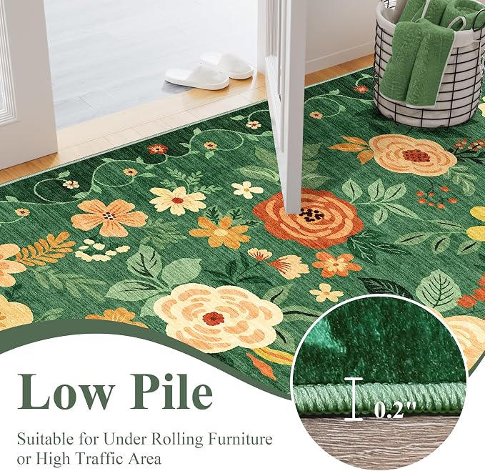 DUKINO 3x5 Area Rug, Floral Washable Rug for Bedroom Non Slip, Dark Green | Soft, Stain Resistant Low Pile Indoor Rug for Entryway, Bedroom, Bathroom, Living Room, Pet Friendly, Home Decor, Lightweight