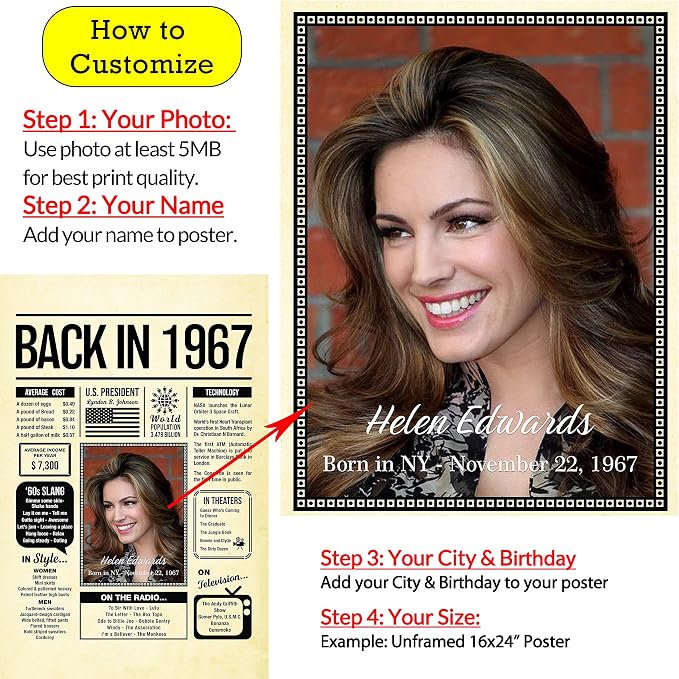 Personalized 58 year old birthday gifts - Back in 1967 Poster - Centerpiece Table Decorations 58th Birthday Party - Custom Born in 1967 Newspaper Vintage Poster for Men, Women