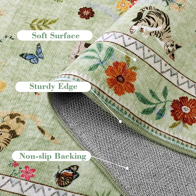 AIMPEAK Large Green 8x10 Washable Area Rug - Non Slip Low Pile Cat Floral Vintage Boho Large Carpet for Living Room, Bedroom, Farmhouse, Dining Room, Nursery, Girls Room, Kids Playroom, Green Multi