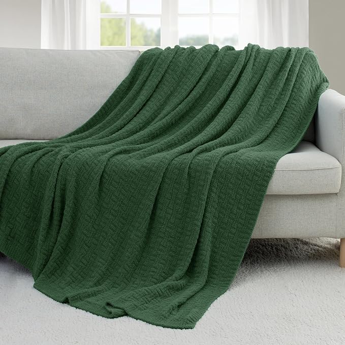 Green Ultra Soft Knit Throw Blanket for Couch,60"X80" Microfiber Fluffy Cozy Warm Knitted Blankets with Checked Pattern for Sofa Bed