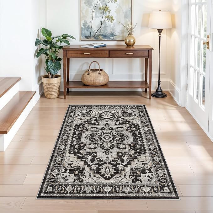 Non-Slip Washable 3x4 Entryway Rug - Boho Low Pile Throw Rugs for Kitchen Entrance Bedroom Soft Thin Area Rugs for Hallway Front Door Bathroom Vintage Distressed Home Decor (Black/Beige/Grey,3x4)