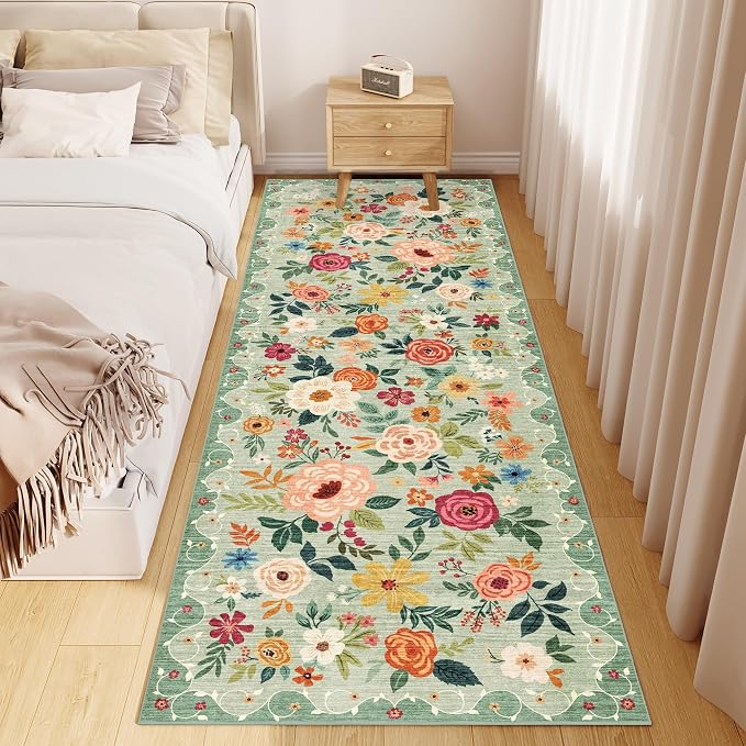 DUKINO 2.6x8 Runner Rug, Washable Runner Rug for Hallway Non Slip, Green | Low Pile, Soft, Floral Indoor Rug for Kitchen, Entryway, Bedroom, Bathroom, Pet Friendly, Stain Resistant, Modern Home Decor