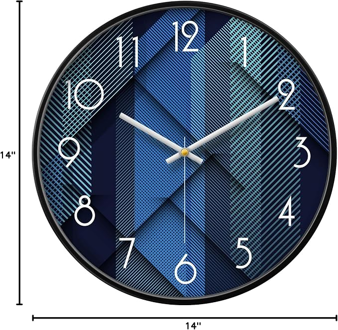 Silent Non-Ticking Analog Wall Clock, Geometric Blue Print, 14'' | Battery Operated, Modern, Metal Frame & HD Tempered Glass, Decorative for Home & Office, Bedroom, Kitchen, Living Room