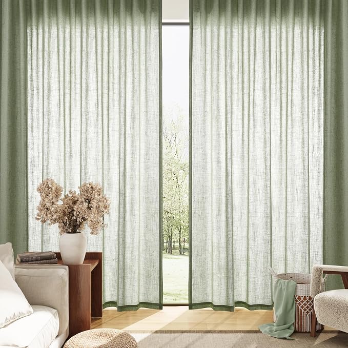 Extra Long Linen Curtains 102 Inches for Living Room Back Tab Semi Sheer Floor to Ceiling Light Filtering Curtain Boho Farmhouse Decor Window Drapes for Bedroom 2 Panels Light Sage