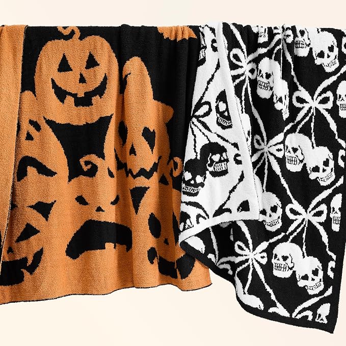 WDCOZY Halloween Throw Blanket Reversible Super Soft Knitted Blankets for Couch Bed Sofa Microfiber Warm Cozy Comfy Lightweight Fall Comfort Fluffy Fuzzy Knit Blanket Cute 60x80 Inches Skull & Bones