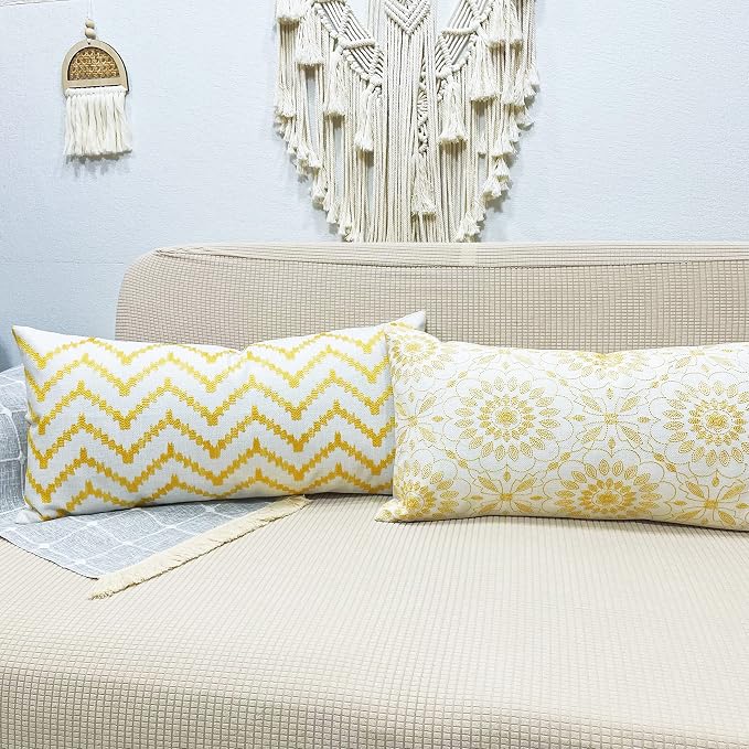 Slow Cow Linen Embroidery Rectangular Pillow Cover Pillowcase Decorative Lumbar Throw Pillow Cover for Couch Sofa 12 x 24 Inches Yellow Gold