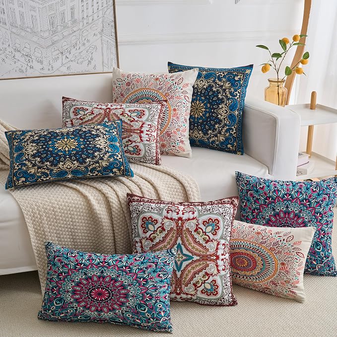 Boho Throw Pillow Covers 20X20 Inch Set of 4 Farmhouse Decorative Couch Pillow Cases Vintage Floral Pillows for Sofa Living Room Bedroom Summer Outdoor Patio Porch