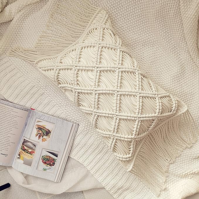 Macrame Lumbar Pillow Cover-Set of 2 Decorative Thorw Pillowcase Boho Tassel Cushion Covers for Sofa Couch Chair Farmhouse Home Decor 12X18 INCH