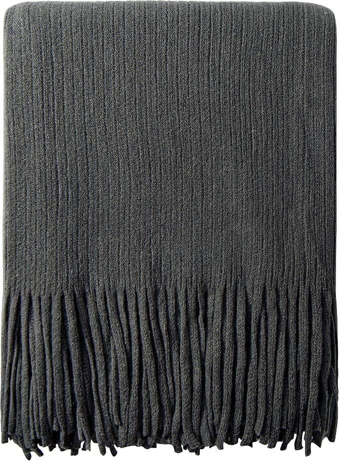 NTBAY Acrylic Knit Throw Blanket, 51 x 67, Grey Striped | Lightweight Acrylic Wave-Knit Throw with 7 Inch Tassels for Sofa, Bed, Reading, Travel, and Decorative Layering