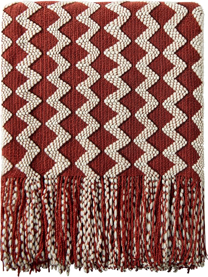NTBAY Acrylic Knit Throw Blanket, 51 x 67, Red and White Striped | Lightweight Acrylic Wave-Knit Throw with 7 Inch Tassels for Sofa, Bed, Reading, Travel, and Decorative Layering