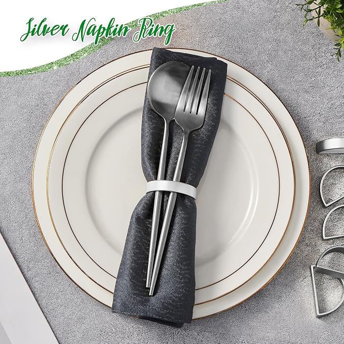 APTWOW Silver Napkin Rings Set of 12, Thanksgiving Christmas Table Decor | Semicircle, Metal, Silver Napkin Holder Buckles, Fall Napkin Rings for Dinner Table Decor, Wedding, Banquet, Valentines Day