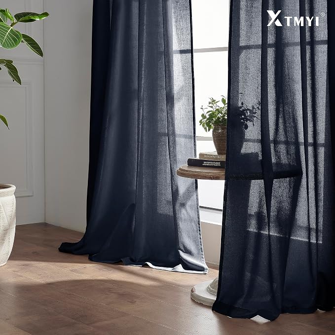 XTMYI Navy Blue Curtains 96 Inches Long,Linen Semi Sheer Gaming Gamer Curtains for Boys Room Men Bedroom Man Cave Office,96in Length 2 Panels Set,Dark Ocean