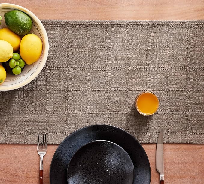 ZeeMart Linen Checked Farmhouse Table Runner, 13x90 Inches Cocoa Brown | Raised Grid Design, Rich Woven Texture, Linen Blend Table Runners 90 Inches Long, Machine Washable, Boho Home Kitchen Decor