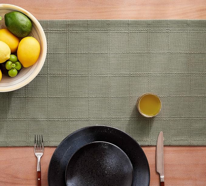 ZeeMart Linen Checked Farmhouse Table Runner, 13x48 Inches Olive | Raised Grid Design, Rich Woven Texture, Linen Blend Table Runners 48 Inches Long, Machine Washable, Boho Home Kitchen Decor