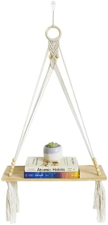 LB Macrame Wall Hanging Shelf, Boho Macrame Wall Decor for Bedroom Living Room Nursery Bathroom, Bohemian Wooden Display Floating Shelves for Wall Decor with Handmade Woven Rope for Plant, 30"L x 16"W