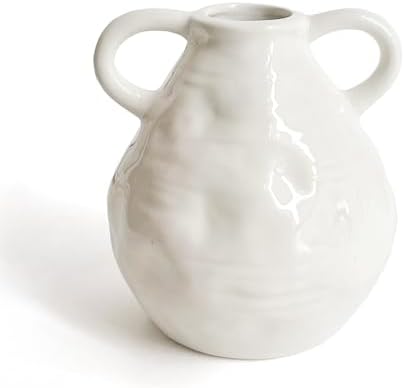LIFFY Ceramic Vase for Flowers, 6.3 Inch Tall Farmhouse Centerpiece with Double Handles, Rustic Terracotta & Modern Navy White - Home Table Decor (White)