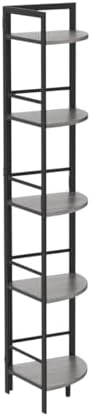 BON AUGURE Rustic Corner Shelf Stand, Tall Industrial Corner Bookshelf, Wood Metal 5 Tier Bookcase Shelves, Display Shelving Unit for Kitchen, Living Room (Dark Grey Oak)