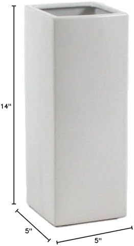 WGV Ceramic Block Vase 5" W x 14" H, (Multiple Size/Color Choices) Matte Tall Square Flower Planter Pot, Accents Home Office Tabletop Decor, Ideal Gifts White 1 Piece (CSB0514WT)