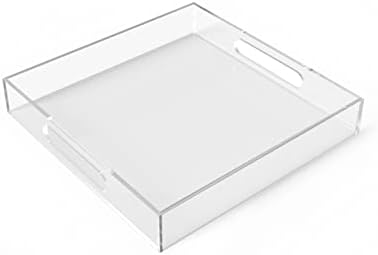 Acrylic Serving Tray (12x12x2Inch) with Handles -Spill Proof- Clear Decorative Tray for Appetizer,Breakfast -Countertop Organizer Storage Tray for Kitchen,Bathroom,Living Room
