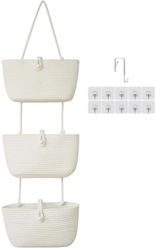 TeoKJ 3-Tier Hanging Baskets for Storage with Pearl Button Strap, Over The Door Storage Baskets for Bathroom, Bedroom, Closet, Door Storage Organizer for Decoration, White