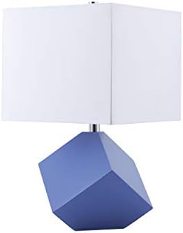 25" Table Lamp - Modern Irregular Geometric Style Wooden Base, White Square Fabric Shade, Contemporary Table Desk Lamp - Great for Living Rooms, Bedrooms, or Study Rooms (Blue)