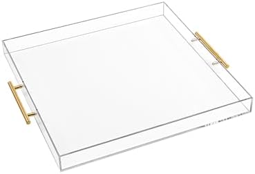 Extra Large Clear Acrylic Serving Tray (18×18 Inches) with Gold Handles Spill Proof Acrylic Over Size Big Decorative Tray Organiser for Ottoman Coffee Table Countertop