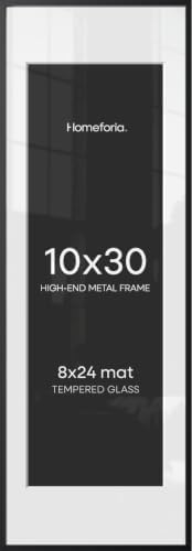 Homeforia 10x30 Black Picture Frame, High-End Metal, 8x24 Mat, Glass