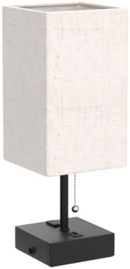 Table Lamp for Bedroom Set of 2, Bedside Lamps with 3 Color Temperatures Night Light, Lamp for Night Stands with AC Outlet and Square Shade, Pull Chain Small Desk Lamp for Living Room Home Decor