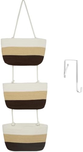 TeoKJ Over the Door Hanging Basket, 3-Tier Woven Cotton Wall-Mounted Storage Organizer Bag Decorative Hanging Nursery Baskets，Gradient Brown