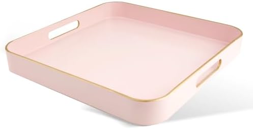 Gifturbo Pink Square Decorative Tray,Serving Tray with Handles with Gold Trimming Plastic Coffee Table Tray for Ottoman, Living Room, Home Decor,Bathroom with Gold Trimming, 13” x 13” x1.57”