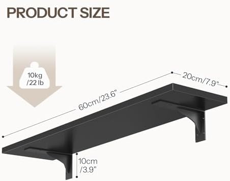 HOOBRO Floating Shelves for Wall, 23.6" Wall Mounted Shelves Set of 2, Hanging Storage Shelf with Metal Brackets, Wooden Shelf for Living Room, Bedroom, Bathroom, Black BK62BJP201G1