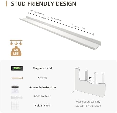 Acovy Picture Ledge Shelf, Wood Long Floating Shelves for Wall, Set of 2, 56 inch Picture Ledge Shelves, Photo Ledge Nursery Book Shelves Wall Mounted for Living Room Kids' Room Bedroom, Color White