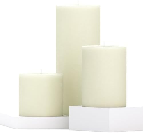 CANDWAX Assorted Pillar Candles Set of 3 – Sizes 3", 4", 8" Unscented Dripless Large Candles, Rustic Style Long Burning for Weddings, Home Decor – Ivory